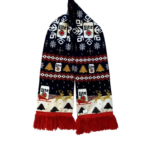 Miller Light Beer Scarf Winter Blue Red Knit Christmas Reindeer Holiday Sherpa - Picture 1 of 9